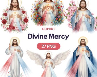 Divine Mercy Clipart, 27 Watercolor PNG, Jesus Christ Sacred Heart, Christian Religious Art, Red Pale Rays, Catholic Faith, Floral Frame