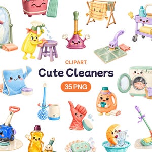 Cute Cleaners Clipart, 35 PNGs, Kawaii Cleaning Supplies & Smiling Household Characters (Digital Download)