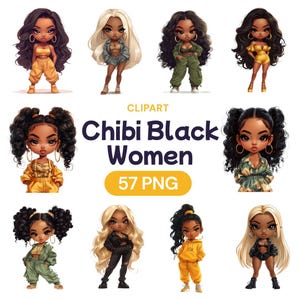 Imágenes prediseñadas de mujeres negras chibi, PNG afroamericanas de acuarela kawaii, tablero de visión lindo y empoderador femenino transparente, licencia de uso comercial