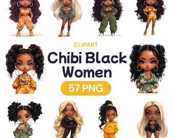 Chibi Black Women Clipart, Kawaii Watercolor African American PNG, Transparent Empowering Female Cute Vision Board, Commercial Use License