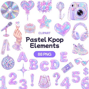 May include: A collection of pastel K-pop themed digital clipart elements including a holographic CD, heart-shaped lollipop, light stick, instant camera, microphone, jewellery box, star, headphones, trainers, disco ball, backpack, and iridescent alphabet letters and numbers.