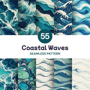May include: A collection of 55 seamless patterns featuring various artistic depictions of ocean waves in shades of blue, teal, and white. The designs include realistic water textures, stylized graphic waves, and marbled patterns with the text 55 Coastal Waves.