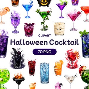 Könnte beinhalten: Eine Sammlung von Halloween-Cocktail-Cliparts mit verschiedenen Getränken in Gläsern, darunter lila Zaubertränke, mumifizierte Gläser, Totenkopf-Garnituren sowie Getränke mit Rauch, Fledermäusen und Augen. Text: CLIPART Halloween Cocktail 70 PNG.