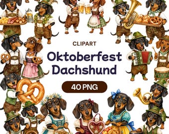 Oktoberfest Dachshund Clipart, Bavarian Wiener Dog Graphics, German Festival PNG, Lederhosen Puppy Art