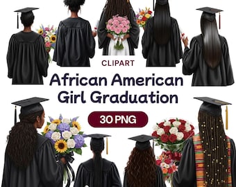 Schwarze Mädchen Graduierung Clipart, 30 afroamerikanische graduierte Rückansicht PNG, Klasse von 2026 Senior, College Cap Kleid, Kente Schärpe, natürliches Haar