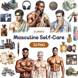 May include: A digital illustration titled "Masculine Self-Care" featuring various grooming and lifestyle items. The image includes men, skincare products, accessories, and the text "52 PNG".