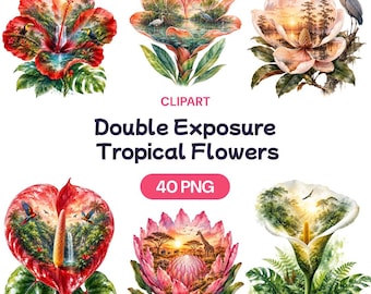 Double Exposure Tropical Flower Clipart, Watercolor Exotic Flora PNG Bundle