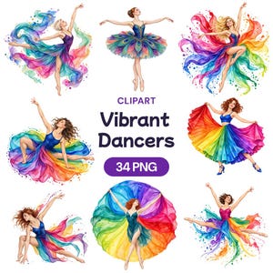 Op de afbeelding: Een verzameling digitale illustraties met dansers in verschillende houdingen, gekleed in kleurrijke, vloeiende outfits met aquarelachtige spatten. De centrale tekst luidt CLIPART Vibrant Dancers 34 PNG met diverse figuren.