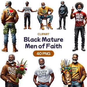 Clipart homme d'âge mûr noir de foi, aquarelle beau PNG afro-américain, affirmation transparente mode vêtements licence d'utilisation commerciale