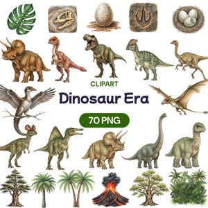 May include: A set of watercolour illustrations depicting dinosaurs, fossils, and prehistoric elements. The image includes various dinosaur species, a dinosaur egg, and the text "Dinosaur Era" and "70 PNG".