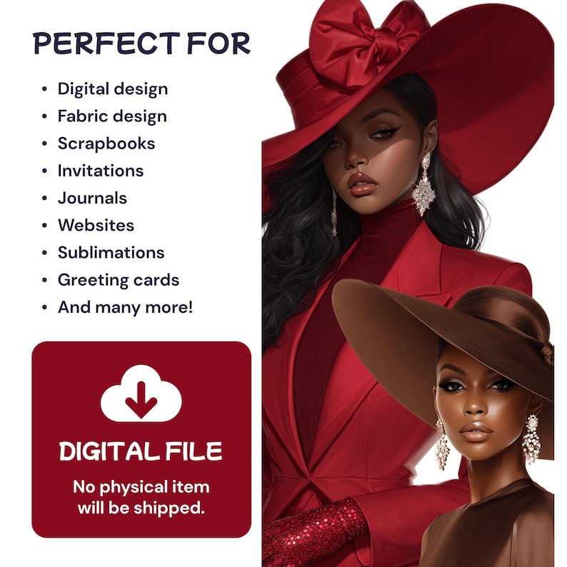 May include: Digital file featuring illustrations of women in red and brown hats and suits. The image includes text that reads "PERFECT FOR" and lists uses such as digital design, fabric design, scrapbooks, invitations, journals, websites, sublimations, and greeting cards.