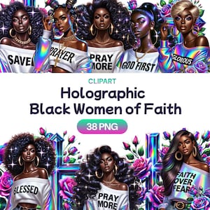 Holografische zwarte vrouwen van geloof PNG-clipart, aquarel Afro-Amerikaanse gezegend christelijk meisje, gemachtigde vrouw, licentie voor commercieel gebruik