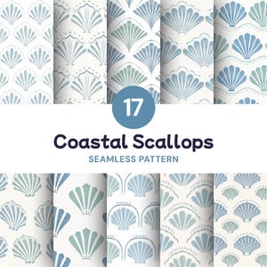 Puede incluir: Una colección digital de 17 patrones sin costuras con motivos de conchas de vieira costeras en tonos azul, verde azulado y blanco. El gráfico muestra varios arreglos de conchas repetidos con el texto 17 Coastal Scallops SEAMLESS PATTERN.