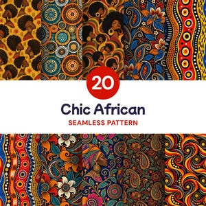 May include: A digital collection of 20 seamless patterns featuring vibrant African-inspired designs. The graphics include repeating motifs of women with afro hairstyles, intricate paisley florals, colourful geometric circles, and wavy lines in shades of orange, blue, red, and yellow. The text 20 Chic African SEAMLESS PATTERN is centred.