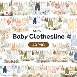 May include: A collection of watercolour illustrations featuring baby clothes, including rompers, overalls, hats, and booties hanging on clotheslines, decorated with floral arrangements, pine branches, and mushrooms, with the text Baby Clothesline 40 PNG.