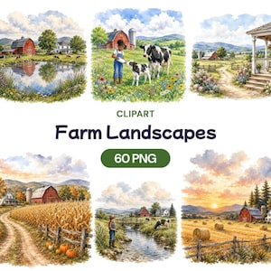 Peut inclure: Une collection d'illustrations à l'aquarelle représentant des paysages de ferme, incluant des granges rouges, des vaches au pâturage, une personne nourrissant un veau, des champs de maïs avec des citrouilles et des bottes de foin au coucher du soleil. Le texte indique CLIPART Farm Landscapes 60 PNG.