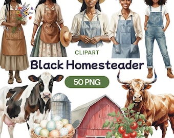 Black Homesteader Clipart, 50 Watercolor Farm Life PNG, African American Woman, Gardening Girl, Cow Chicken, Rustic Country, Agriculture
