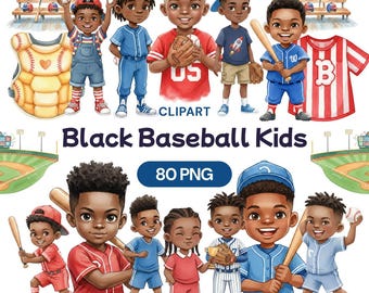 Clipart de niños de béisbol negros, 80 PNG de acuarela, niño afroamericano, gráfico deportivo de las ligas menores, bonito uniforme de equipo, sublimación