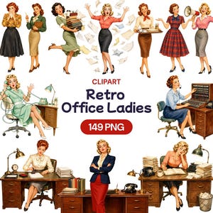 Könnte beinhalten: Eine Sammlung von Illustrationen im Retro-Stil, die verschiedene Frauen in Büroumgebungen zeigen, darunter Schreibtische, Telefone, Schreibmaschinen und Papierstapel. Der Text lautet CLIPART Retro Office Ladies 149 PNG und zeigt diverse Posen.