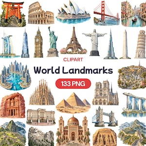 May include: A digital collection of world landmarks including the Eiffel Tower, Statue of Liberty, Colosseum, Pyramids, and Taj Mahal. The image features the text CLIPART World Landmarks 133 PNG in the centre, showcasing various global sites.