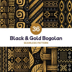 Puede incluir: Una colección de 36 patrones digitales sin costuras con diseños geométricos en negro y oro inspirados en Bogolan, incluyendo rayas, motivos de hojas, texturas tejidas y formas abstractas, con el texto 36 Black & Gold Bogolan SEAMLESS PATTERN.