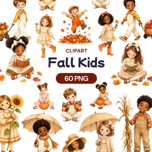 Peut inclure: Une collection numérique d'illustrations à l'aquarelle représentant des enfants en tenues d'automne, avec des salopettes, des robes, des citrouilles, des tournesols, des parapluies et des feuilles mortes. Texte : CLIPART Fall Kids 60 PNG.