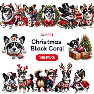 Kerst zwarte Corgi clipart, aquarel schattige baby hondje PNG, kawaii huisdier liefhebber, illustratie kerstcadeau bundel, licentie commercieel gebruik