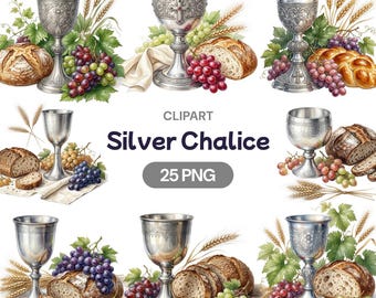 Silver Chalice Clipart, Holy Communion PNG, Catholic Sacrament Graphic, Christian Eucharist Art, Bread and Wine Illustration