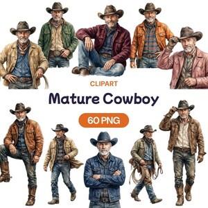 May include: A collection of digital illustrations featuring mature cowboys in various poses. The cowboys are wearing hats, jackets, and jeans, with some holding ropes. The image includes the text "Mature Cowboy" and "60 PNG".