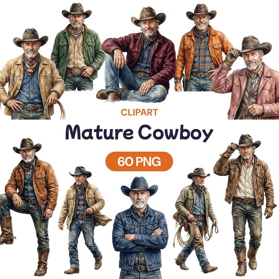 Mature Cowboy Clipart, Watercolor Rancher PNG, Older Western Male Graphic, Country Lifestyle Art, Silver Fox Wild West Portrait