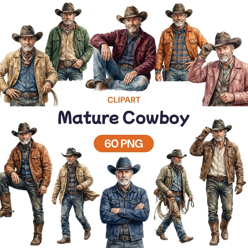 May include: A collection of digital illustrations featuring mature cowboys in various poses. The cowboys are wearing hats, jackets, and jeans, with some holding ropes. The image includes the text "Mature Cowboy" and "60 PNG".
