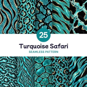 25 Turquoise Safari Seamless Patterns, Digital Paper PNG, Leopard and Reptile Textures