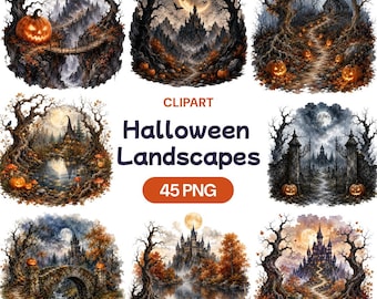 Halloween Landscapes Clipart Bundle, Spooky Haunted Castle PNG, Autumn Forest Art