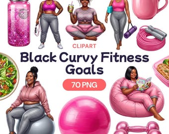 Black Curvy Fitness Clipart, Plus Size Woman PNG, Gym Workout Graphic, Healthy Lifestyle Art, Active African American Decor