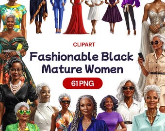 Fashionable Black Mature Women Clipart, African American Granny PNG, Beautiful Grandma, Elegant Senior Female Diva, Commercial Use License