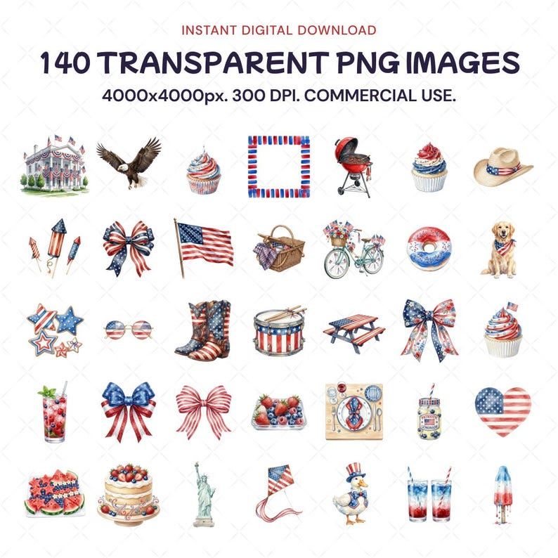 4th of July Clipart, Watercolor Independence Day PNG, Patriotic USA ...