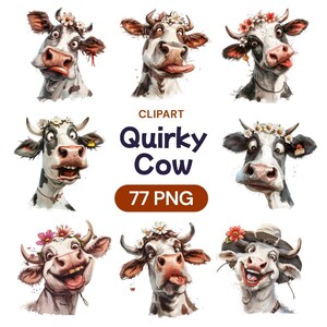 Clipart de vaca peculiar, lindo animal de granja divertido en acuarela PNG, adorable amante del ganado, ilustración transparente, licencia de uso comercial