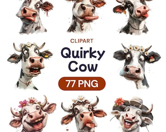 Clipart de vaca peculiar, lindo animal de granja divertido en acuarela PNG, adorable amante del ganado, ilustración transparente, licencia de uso comercial
