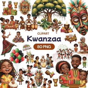 May include: A collection of Kwanzaa-themed clipart illustrations. The images include families, drums, masks, and festive decorations. The text "CLPART Kwanzaa 80 PNG" is also visible. The color palette features vibrant reds, greens, and yellows.