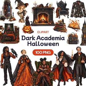 Peut inclure: Une collection numérique de cliparts Dark Academia Halloween comprenant 100 fichiers PNG. Les éléments incluent une cheminée, un blazer à motifs de crânes, un chat noir, une citrouille, un fauteuil gothique, un lit, une tour d'horloge et des personnages.