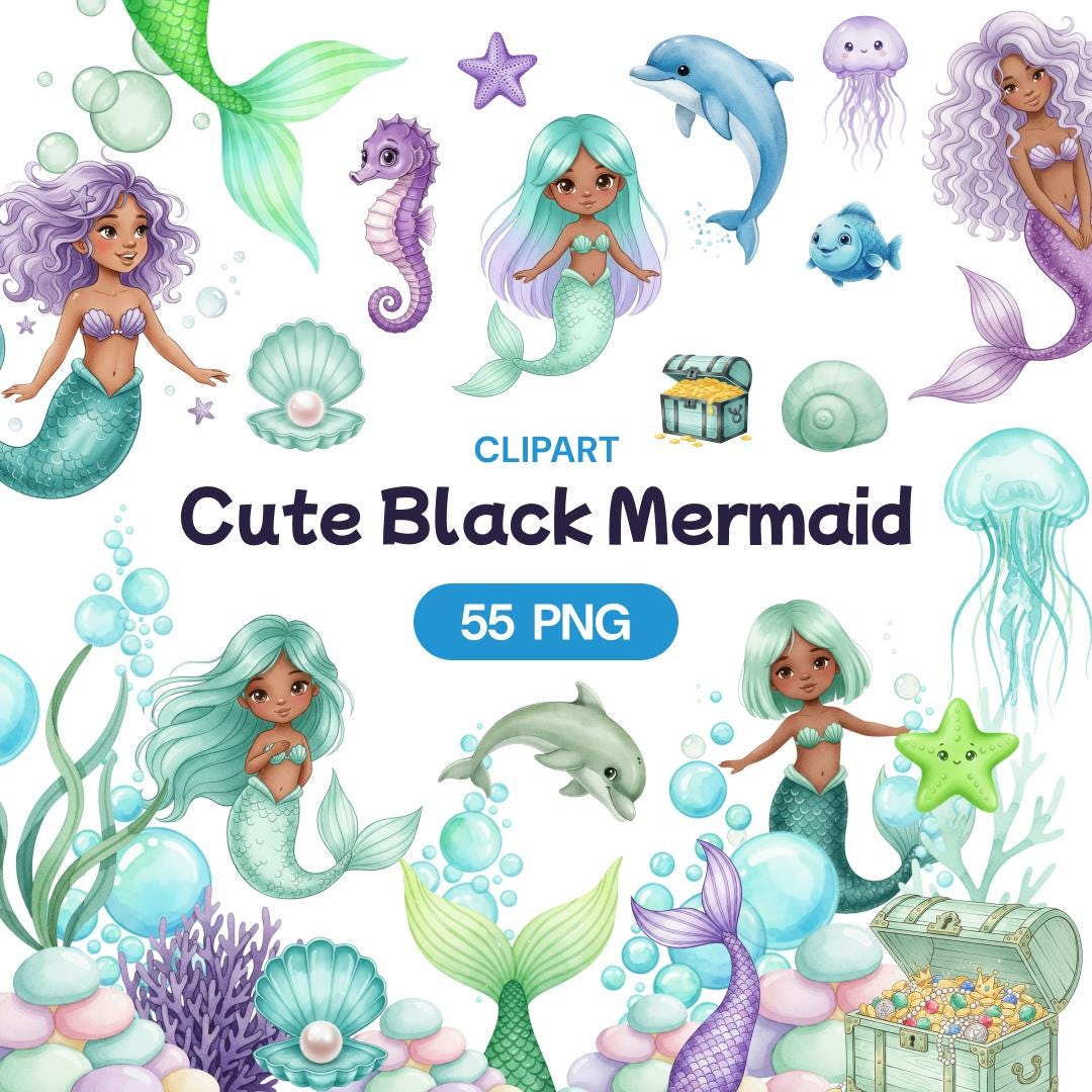 Cute Black Mermaid Clipart, Little African American Mermaid PNG ...