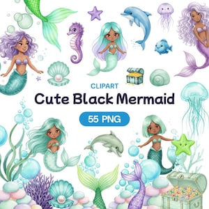 Puede incluir: Una colección de imágenes prediseñadas de acuarela con sirenas, criaturas marinas y elementos submarinos. La imagen incluye sirenas con cabello turquesa y morado, delfines, caballitos de mar y un cofre del tesoro. También está presente el texto "Cute Black Mermaid" y "55 PNG".