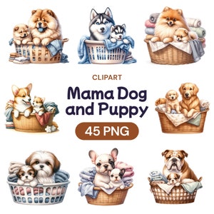 Mamãe Cachorro e Filhote Clipart, Lindo Pacote Digital PNG Aquarela Dia das Mães, Cesta de Roupas para Filhotes de Cachorro, Presente para Ela, Licença de Uso Comercial