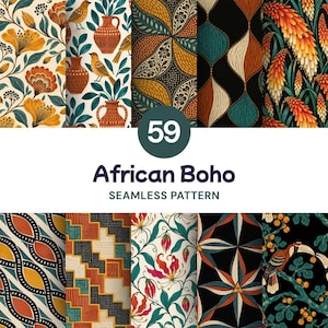 May include: A collection of 59 seamless patterns featuring African Boho designs. The graphics display various motifs including orange and yellow flowers, birds, terracotta-coloured vases, geometric shapes, and botanical elements on dark and light backgrounds.