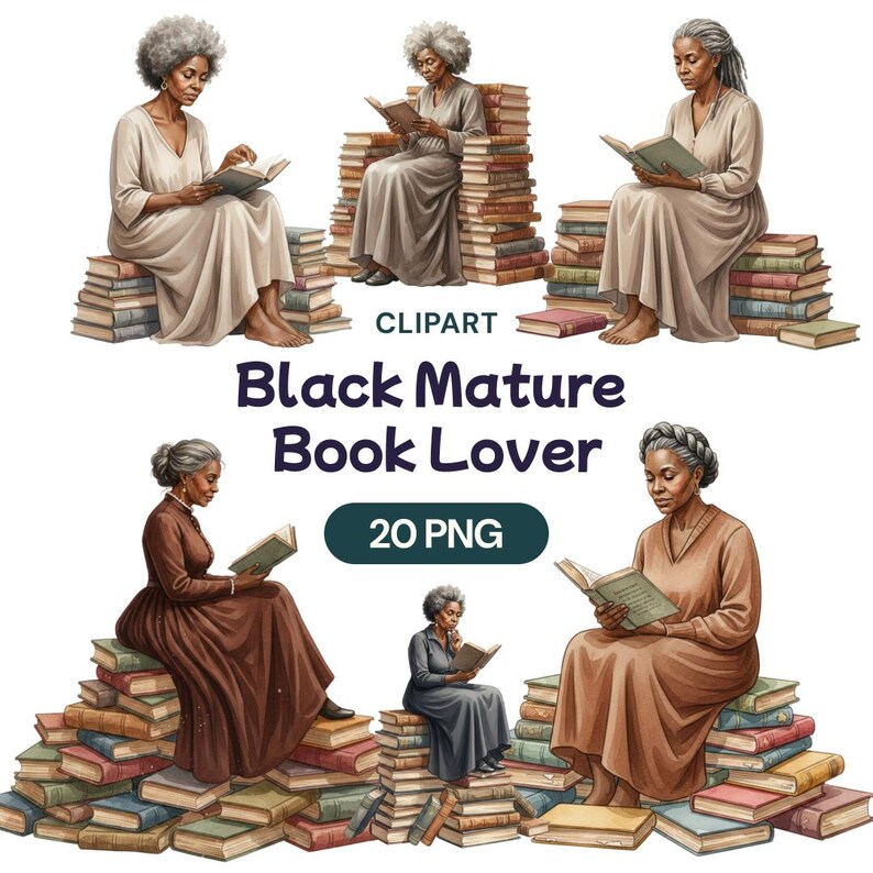 May include: Digital clipart featuring illustrations of a Black mature person reading a book while seated on a stack of books. The text "Black Mature Book Lover" and "20 PNG" are also included in the image.