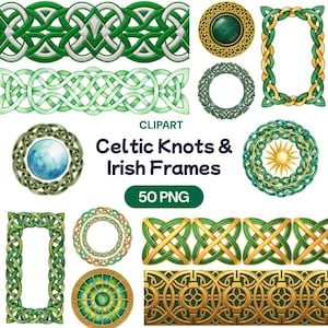 May include: A collection of Celtic knot designs and Irish frames in green, gold, and silver. The image includes borders, circular frames, and decorative elements with intricate interwoven patterns. Text reads "Celtic Knots & Irish Frames" and "50 PNG".
