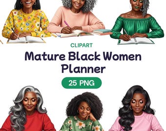 Clipart de planificador de mujeres negras maduras, linda abuela afroamericana en acuarela PNG, jefa motivada, dama, licencia de uso comercial