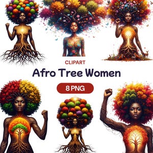 Imágenes prediseñadas de mujeres afro-árbol, chica negra afroamericana vibrante en acuarela PNG, empoderamiento de las raíces femeninas, Madre Tierra, licencia de uso comercial