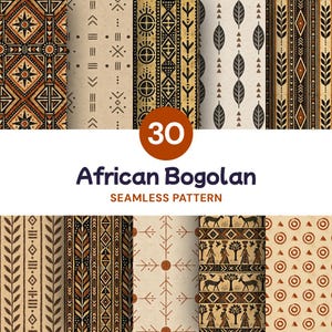 Op de afbeelding: Een collectie van 30 naadloze African Bogolan-patronen met diverse geometrische, blad- en diermotieven in bruin-, zwart- en crèmetinten. De ontwerpen bevatten herhalende lijnen, cirkels, driehoeken en gestileerde figuren op texturele achtergronden.