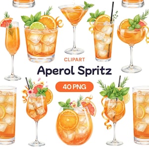 Puede incluir: Ilustración en acuarela de varios cócteles Aperol Spritz. La imagen presenta diferentes vasos llenos de bebidas de color naranja, cubitos de hielo y adornos como rodajas de naranja y menta. El texto incluye "Aperol Spritz" y "40 PNG".